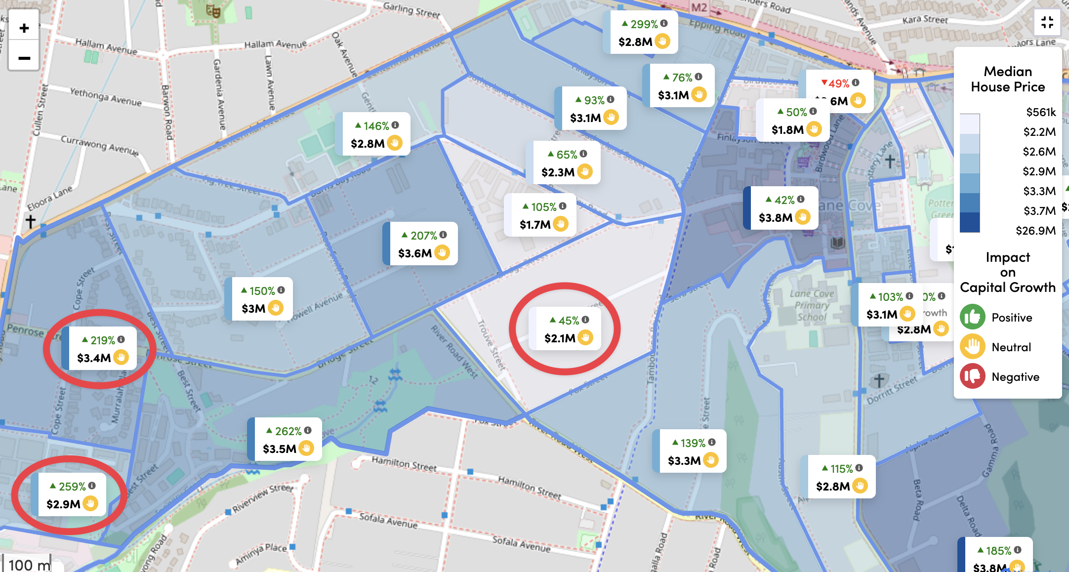 Lane Cove North pocket analysis showing different median prices and recorded ten-year growth within the same suburb